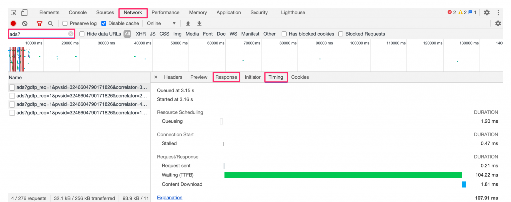 google dev tools network panel ads loading time screenshot