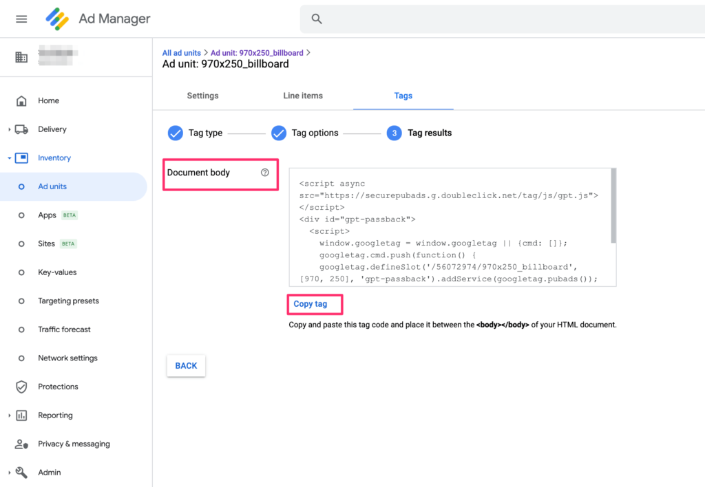 google ad manager tag results body