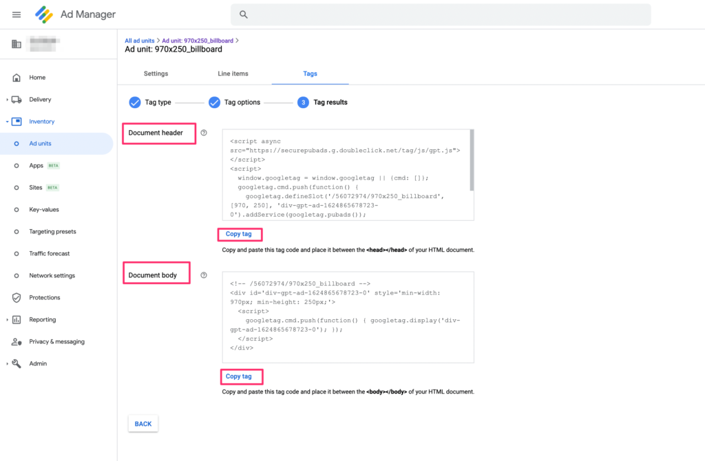 google ad manager tag results header body