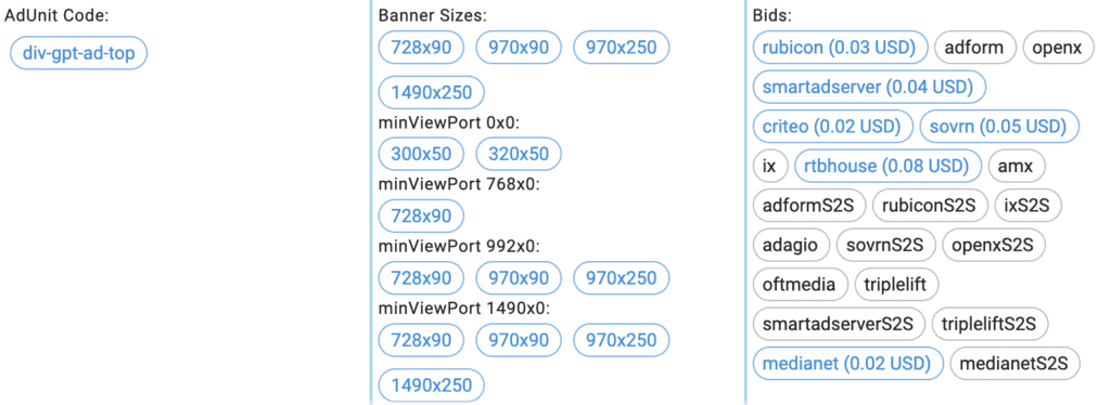 professor prebid ad sizes