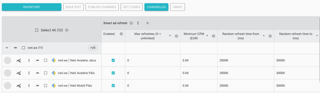 Screenshot of the Setupad Prebid Panel interface displaying configurations for smart ad refresh.