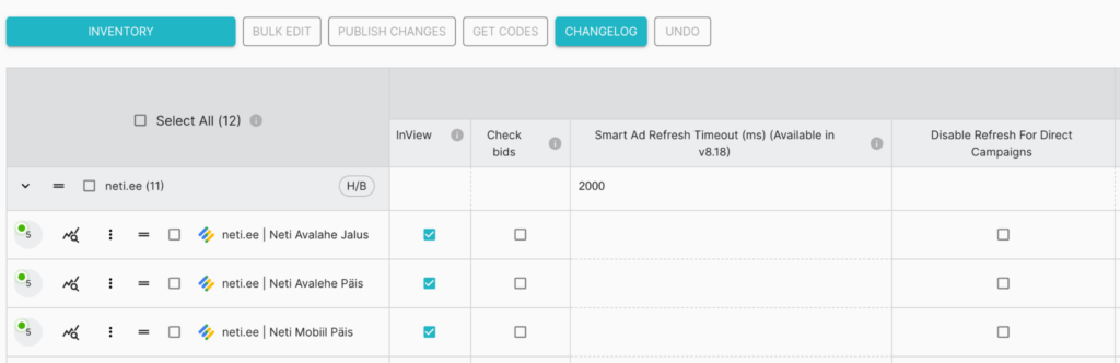 Screenshot of the Setupad Prebid Panel interface displaying timeouts for smart ad refresh.